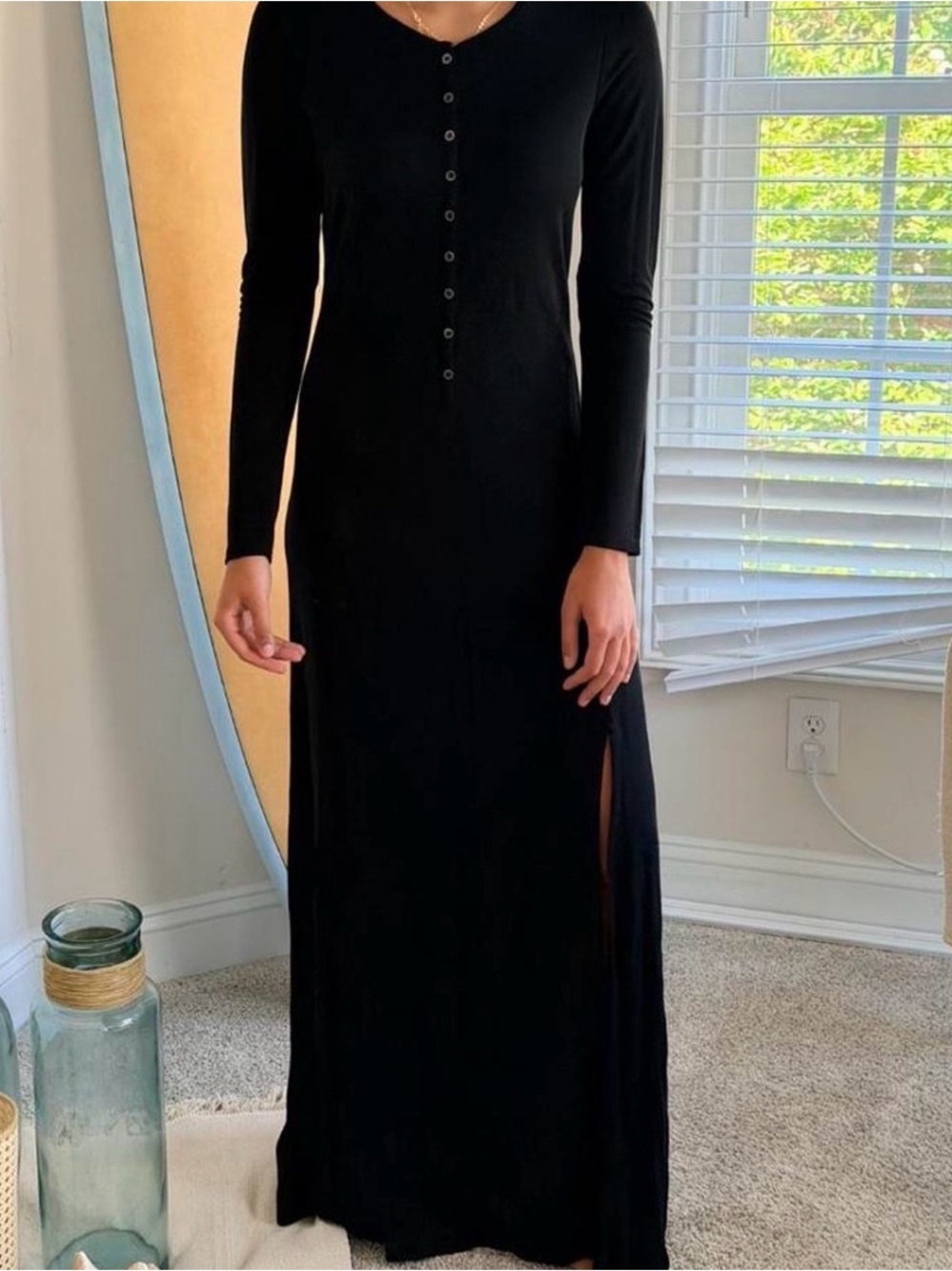 Frame Denim Black Long-Sleeve Button Henley Maxi Dress